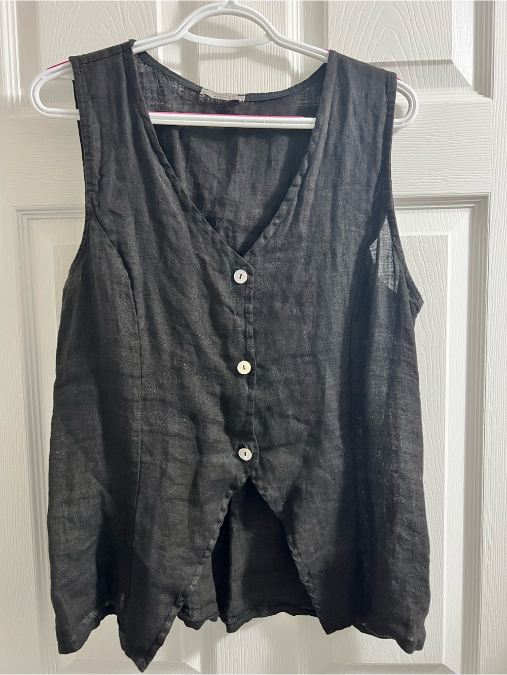 100% Linen Sleeveless Button Front Blouse in Black Size Large